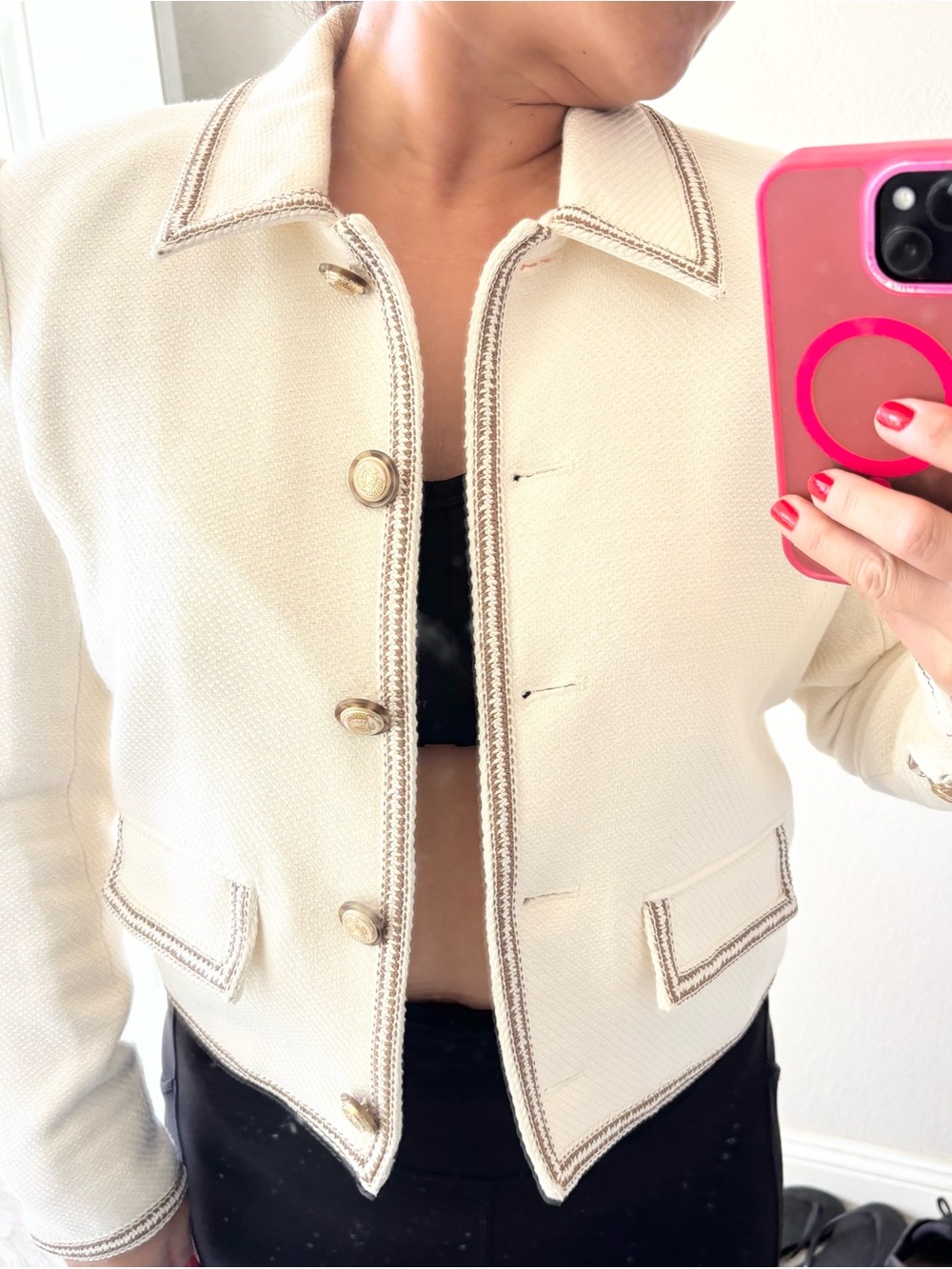 Veronica Beard Cream Cropped Tweed Jacket with Brown Trim (NWT) - Picture 3 of 9